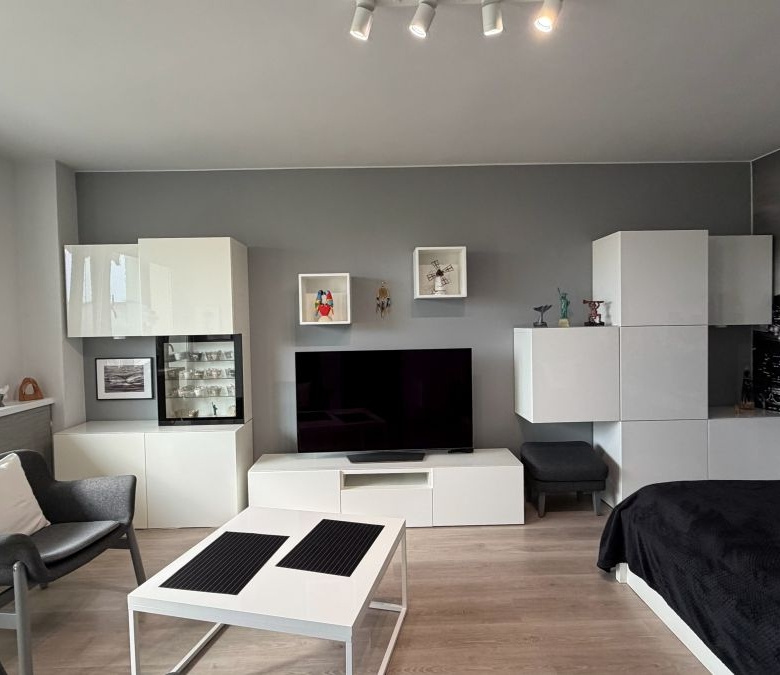 Modern studio living space with gray walls, white modular cabinets, and a black TV mounted on a white media console; a white coffee table and gray chairs nearby.