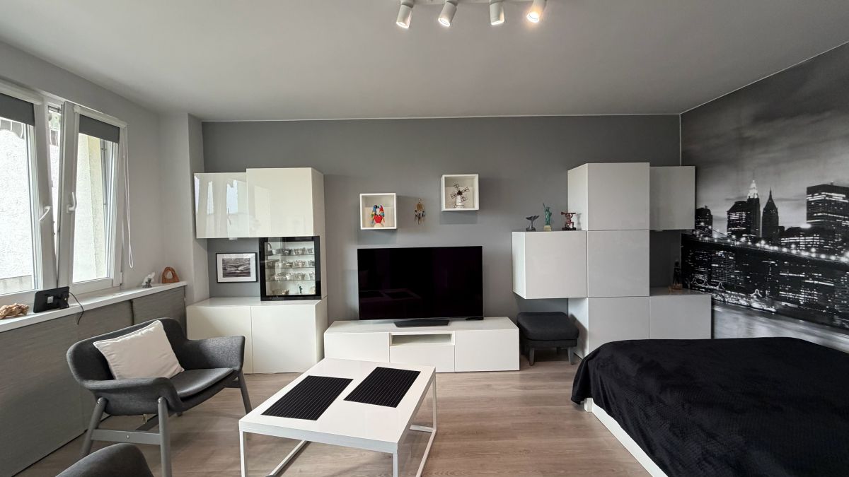 Modern studio living space with gray walls, white modular cabinets, and a black TV mounted on a white media console; a white coffee table and gray chairs nearby.