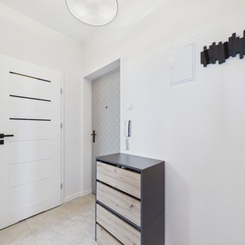 Minimalist white-entry hallway with a white paneled door, a gray dresser with light wood drawers, and a black wall coat rack on the right.