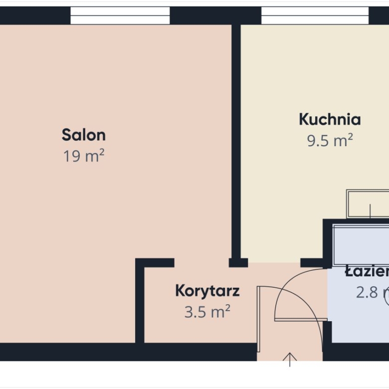 Floor plan of an apartment: Salon (living room) 19 m² adjacent to Kuchnia (kitchen) 9.5 m², with a central Korytarz corridor 3.5 m² and Łazienka bathroom 2.8 m²; doors and walls shown.