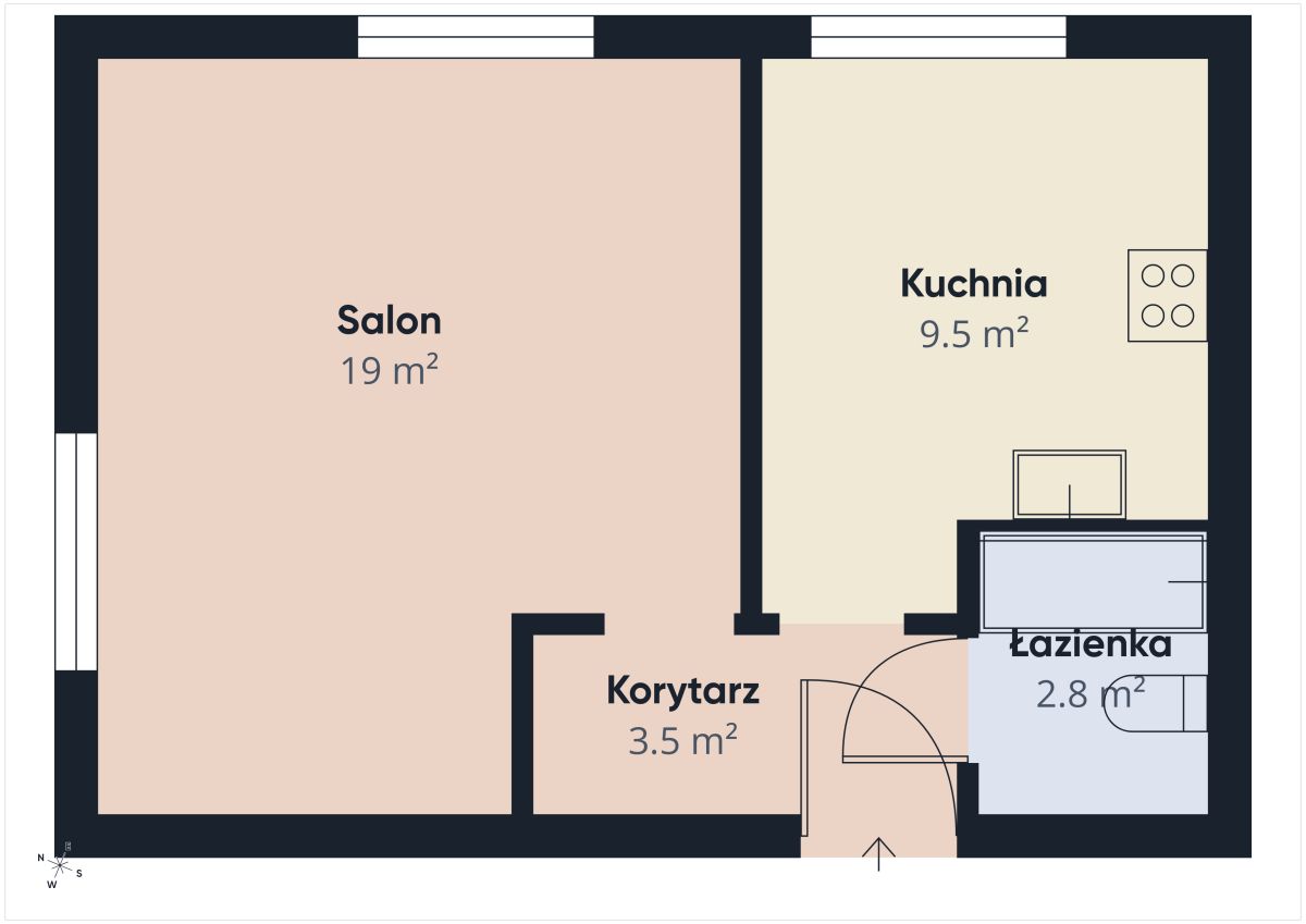 Floor plan of an apartment: Salon (living room) 19 m² adjacent to Kuchnia (kitchen) 9.5 m², with a central Korytarz corridor 3.5 m² and Łazienka bathroom 2.8 m²; doors and walls shown.