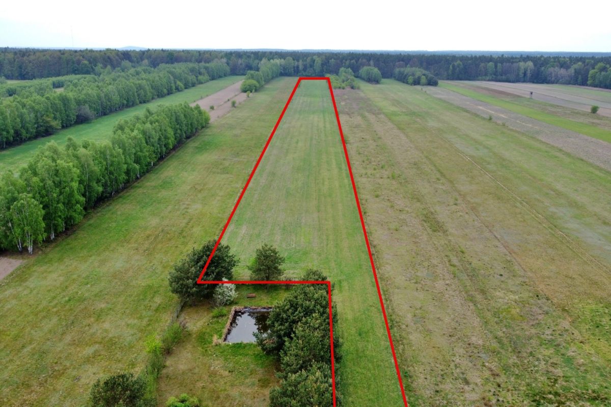 Aerial view of farmland with a red outline marking a long, narrow parcel shaped like a 4, bordered by trees and open fields at the edges.