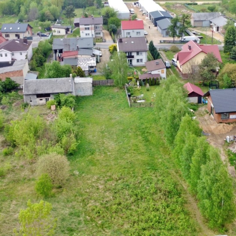 Aerial view of a rural neighborhood with scattered houses, gardens, and a large grassy open lot bordered by trees.