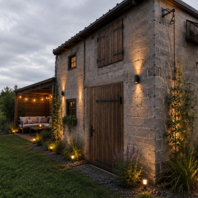 Stone building with wooden doors and a covered patio, softly lit by lanterns and string lights at dusk.