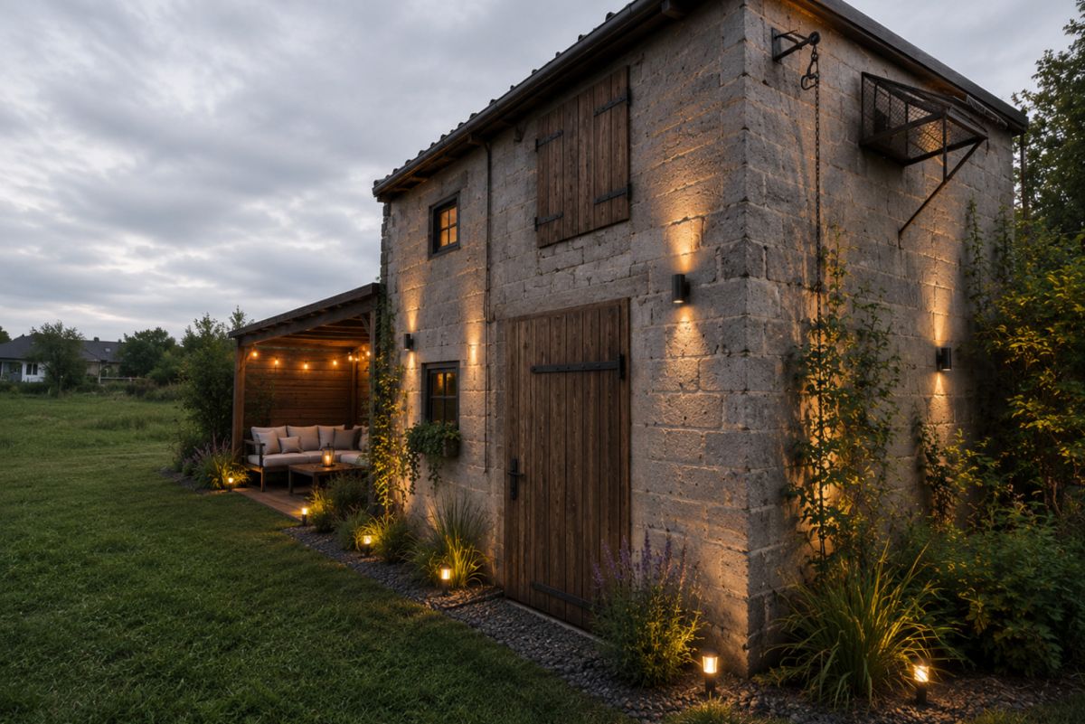 Stone building with wooden doors and a covered patio, softly lit by lanterns and string lights at dusk.