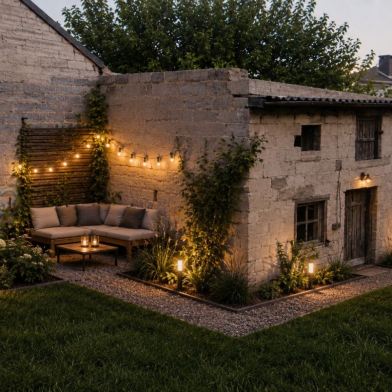 Cozy outdoor seating area beside a small stone building, string lights along a trellis and warm lanterns glow over a cushioned sectional.