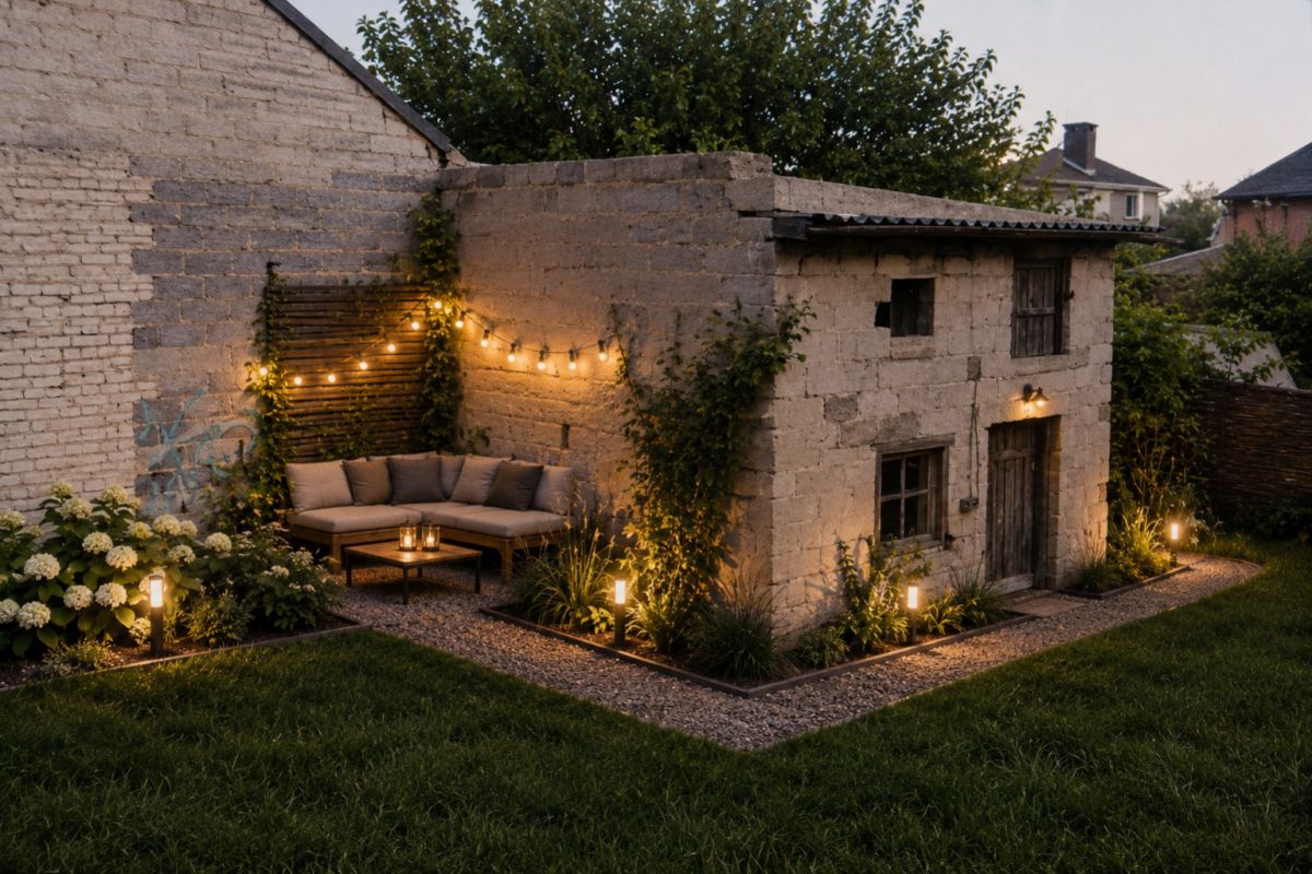 Cozy outdoor seating area beside a small stone building, string lights along a trellis and warm lanterns glow over a cushioned sectional.