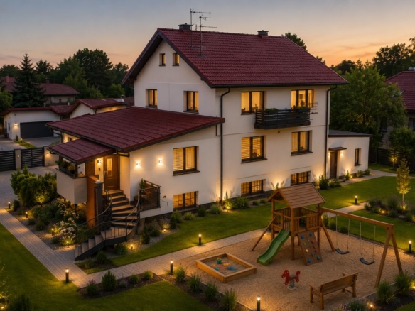 Two-story beige house with a red roof at sunset, lit windows, and a landscaped yard with a swingset and sandbox.