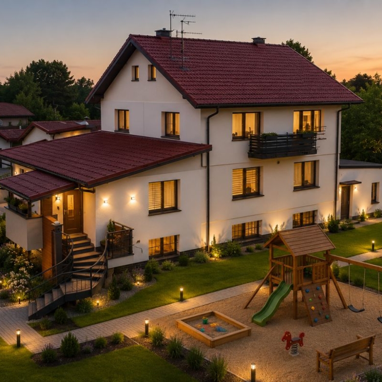 Two-story beige house with a red roof at sunset, lit windows, and a landscaped yard with a swingset and sandbox.