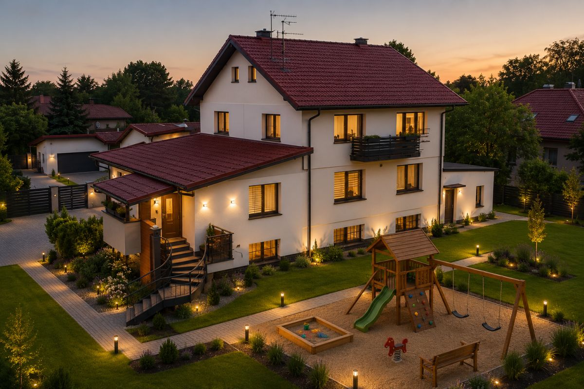 Two-story beige house with a red roof at sunset, lit windows, and a landscaped yard with a swingset and sandbox.