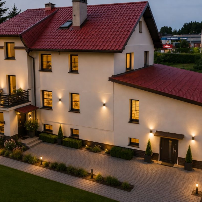 Exterior view of a two-story house with a red tiled roof, warm interior lights, and a manicured front yard at dusk.