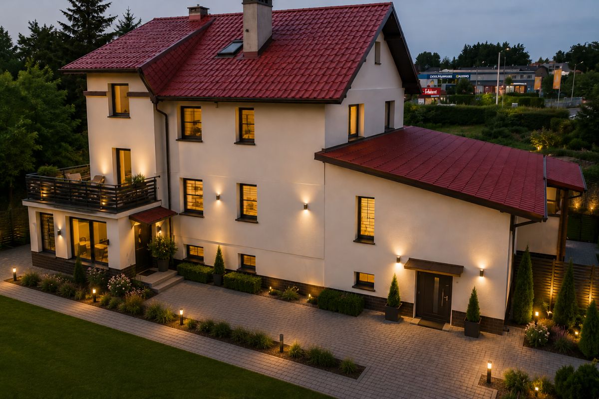 Exterior view of a two-story house with a red tiled roof, warm interior lights, and a manicured front yard at dusk.