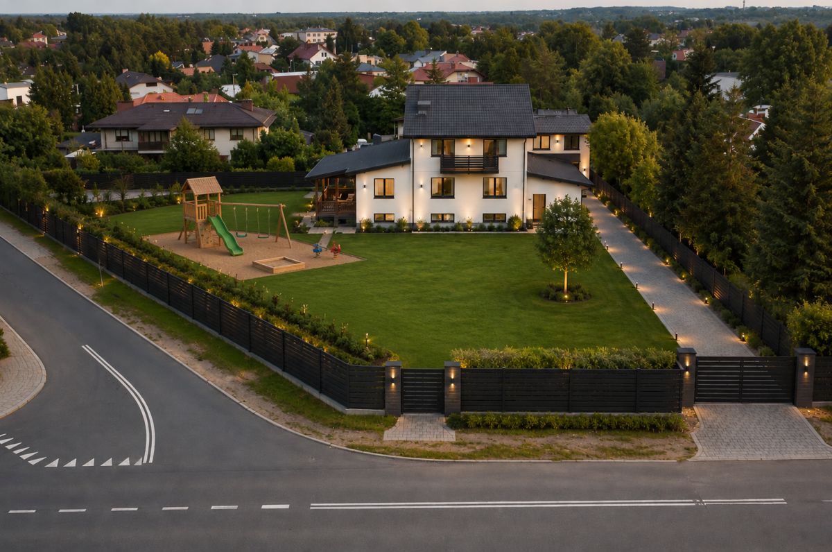 A modern two-story white house with a spacious fenced yard, playground set, and manicured lawn at dusk, adjacent to a quiet street.