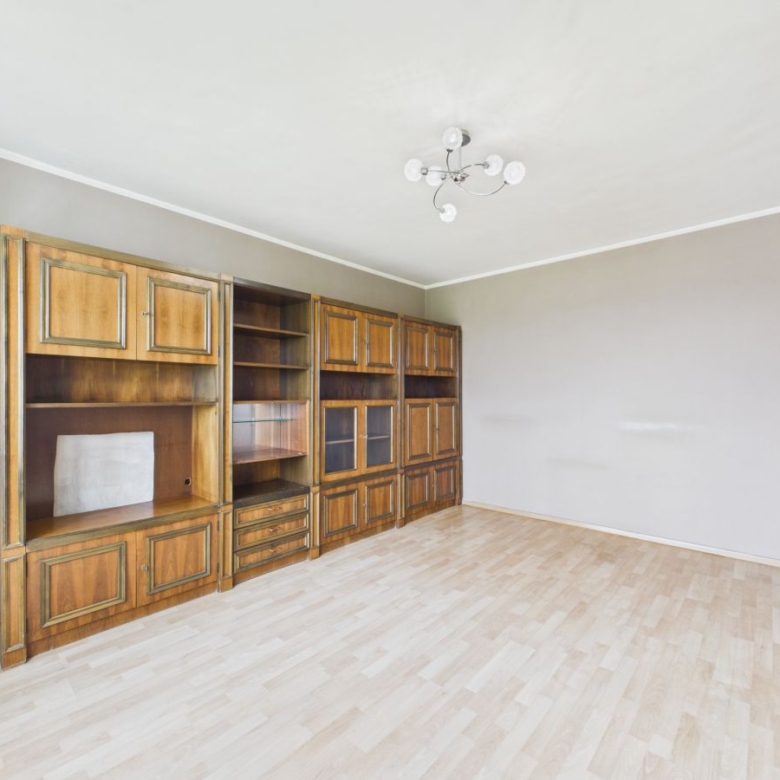 Empty living room with a row of tall wooden cabinets along the left wall, beige walls, light hardwood floor, and a wooden door with glass panels on the right. A modern ceiling light hangs from the center.