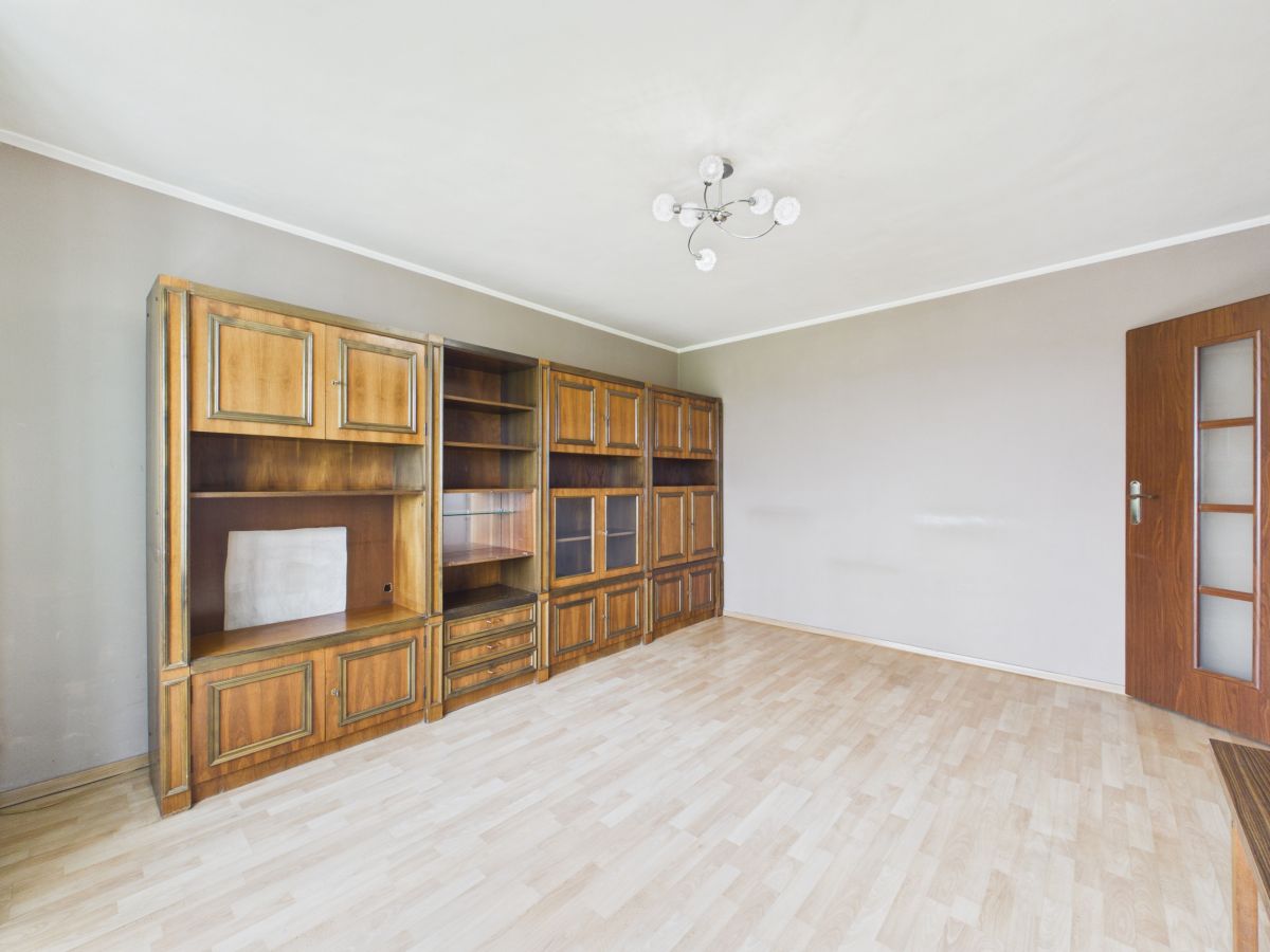 Empty living room with a row of tall wooden cabinets along the left wall, beige walls, light hardwood floor, and a wooden door with glass panels on the right. A modern ceiling light hangs from the center.