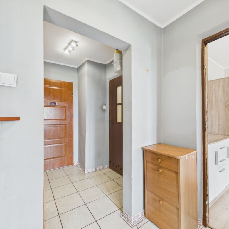 Hallway in a home: gray walls, tiled floor, a wooden front door, and a small three-drawer wooden chest near an opening.