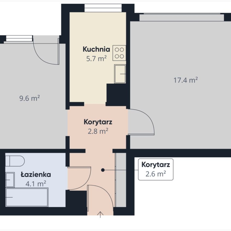 Floor plan of an apartment showing kitchen (5.7 m²), bathroom (4.1 m²), corridors, and rooms 17.4 m² and 9.6 m² with doors and walls