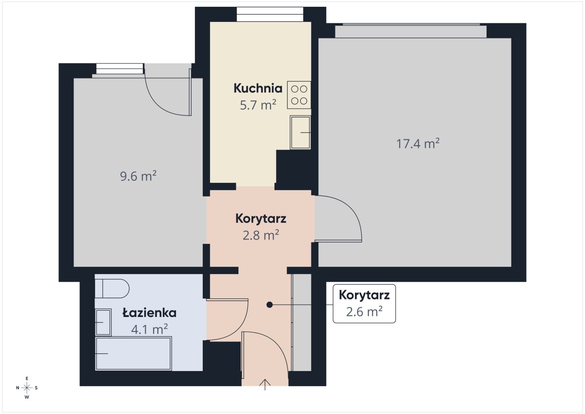 Floor plan of an apartment showing kitchen (5.7 m²), bathroom (4.1 m²), corridors, and rooms 17.4 m² and 9.6 m² with doors and walls