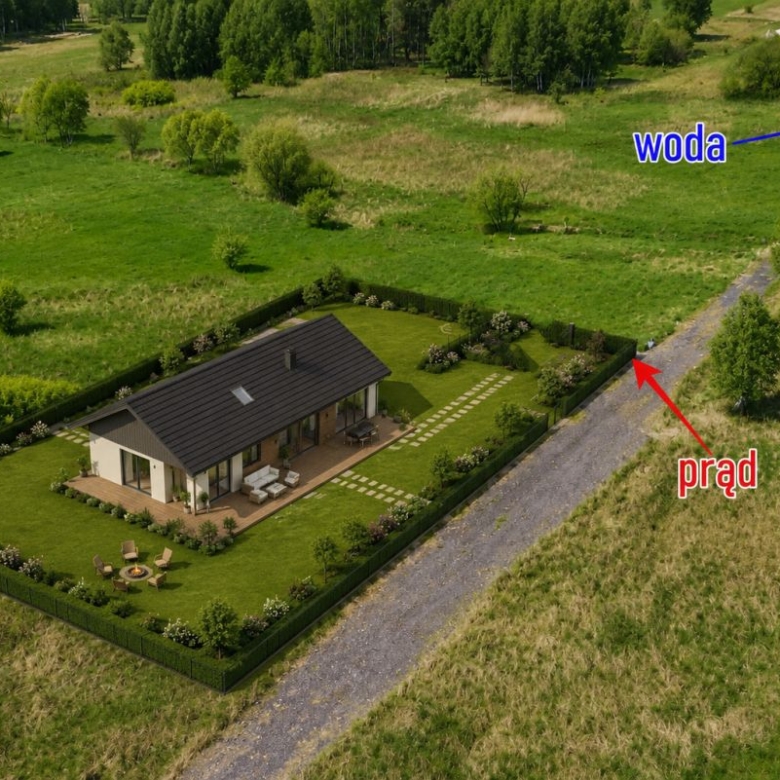 A single-story house with a manicured lawn inside a fenced yard on a rural property, with a gravel road nearby and labeled utilities (water and electricity) in the distance.