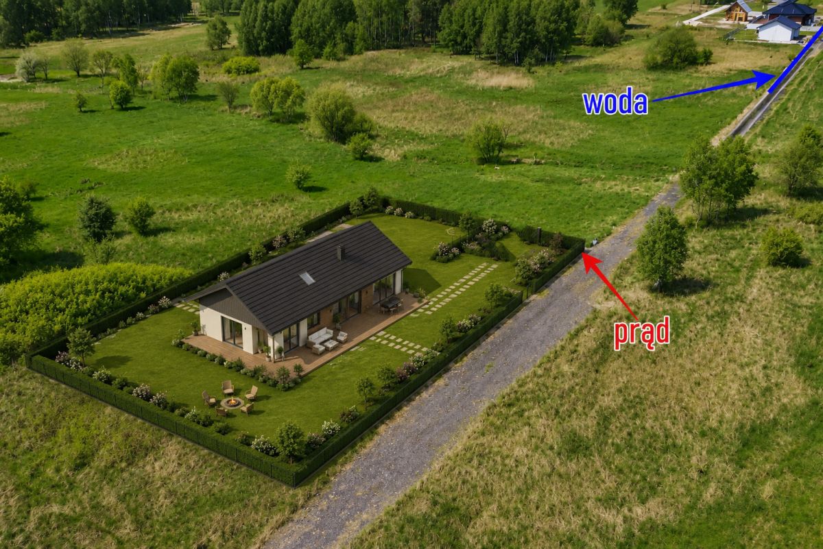 A single-story house with a manicured lawn inside a fenced yard on a rural property, with a gravel road nearby and labeled utilities (water and electricity) in the distance.