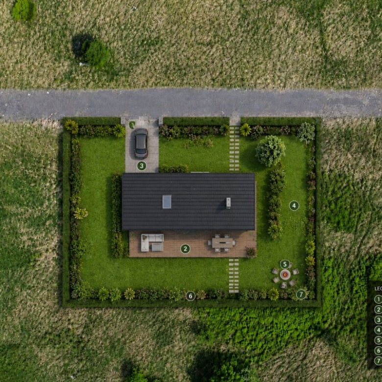 Aerial site plan of a single-family home with a rectangular lawn, surrounding hedges, a driveway, and a circular seating area, plus a legend on the right.