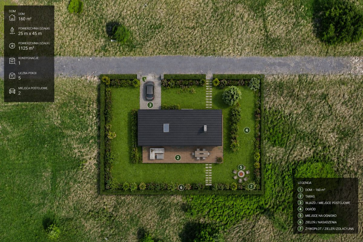 Aerial site plan of a single-family home with a rectangular lawn, surrounding hedges, a driveway, and a circular seating area, plus a legend on the right.