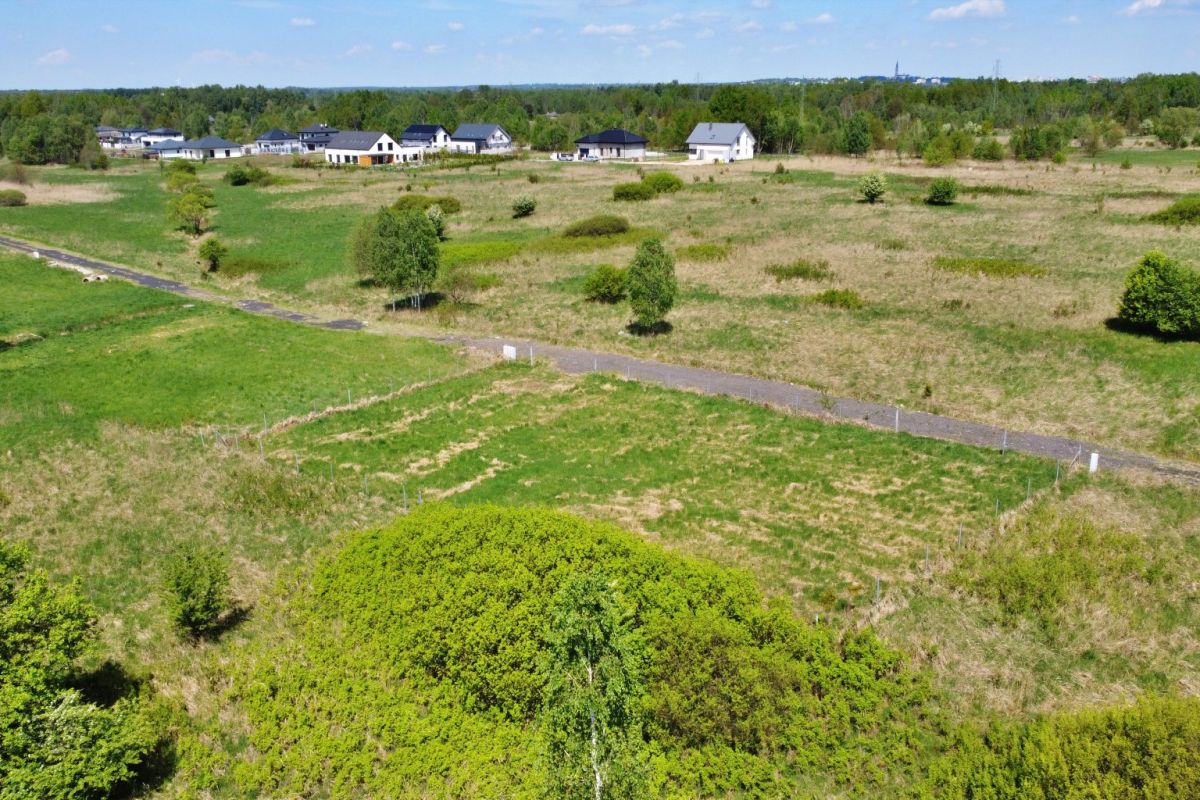 Open suburban field with scattered trees and a row of new houses along the horizon, a paved path cutting through the grass in the foreground.
