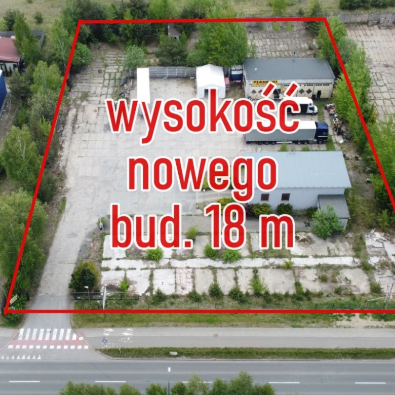 Aerial view of a fenced lot with a red outline and several buildings inside; large Polish text states 'wysokość nowego bud. 18 m' indicating the new building height of 18 m.