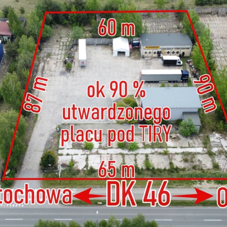 Aerial view of a large industrial lot outlined in red with side measurements and location labels (Częstochowa–Opole); shows buildings and surrounding yard space for trucks, suggesting a development site for truck logistics.