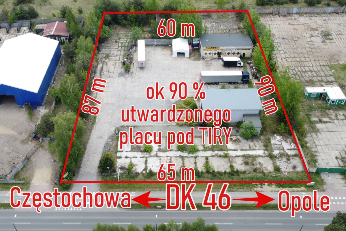 Aerial view of a large industrial lot outlined in red with side measurements and location labels (Częstochowa–Opole); shows buildings and surrounding yard space for trucks, suggesting a development site for truck logistics.