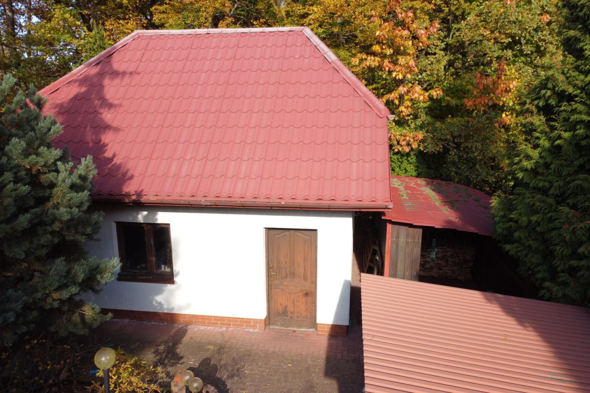White single-story house with a large red metal roof, a wooden door and a small window, surrounded by autumn trees and greenery.