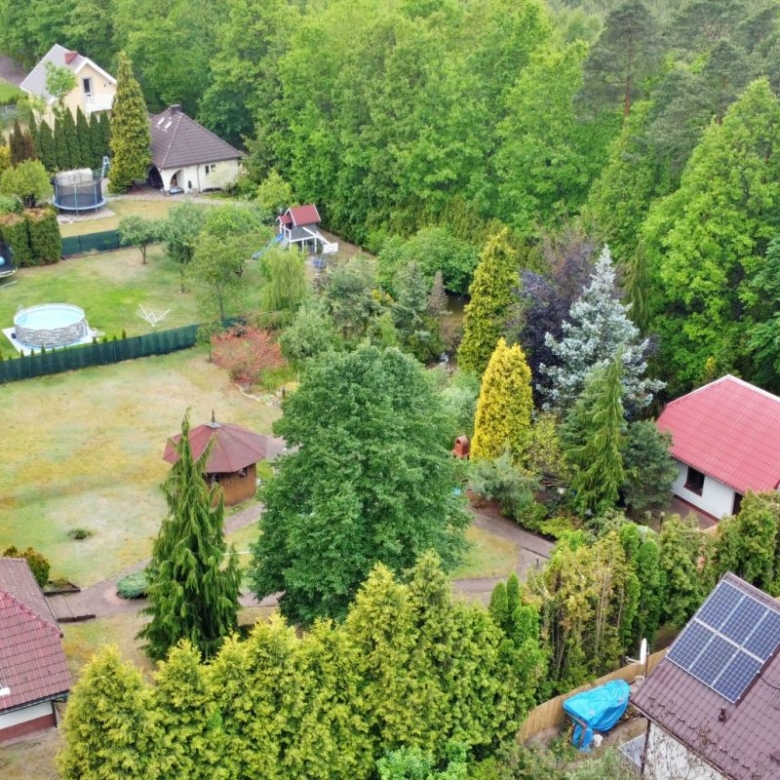 Aerial view of a suburban neighborhood with green lawns, trees, and several houses; solar panels on a roof in the foreground and a fenced garden area with a trampoline visible in the back yard.