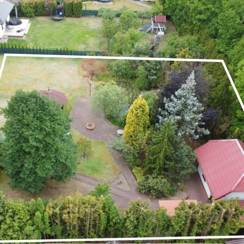 Aerial view of a fenced backyard with trees, a circular patio, a fire pit, and a red-roofed shed surrounded by greenery.