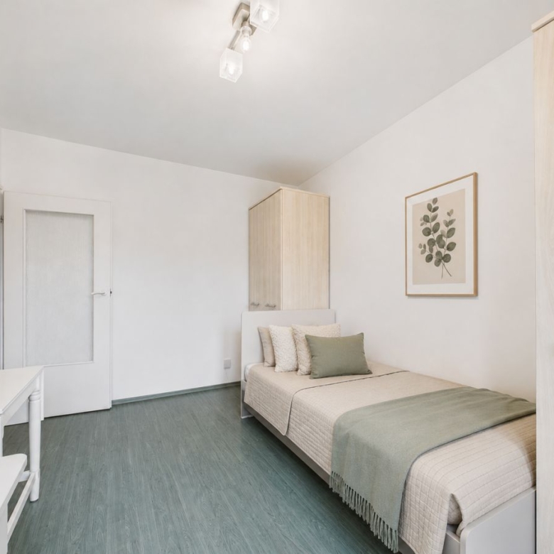 Bright minimalist single bedroom with pale wood furniture, a single bed with beige bedding and green throw, and a framed plant print on the wall.