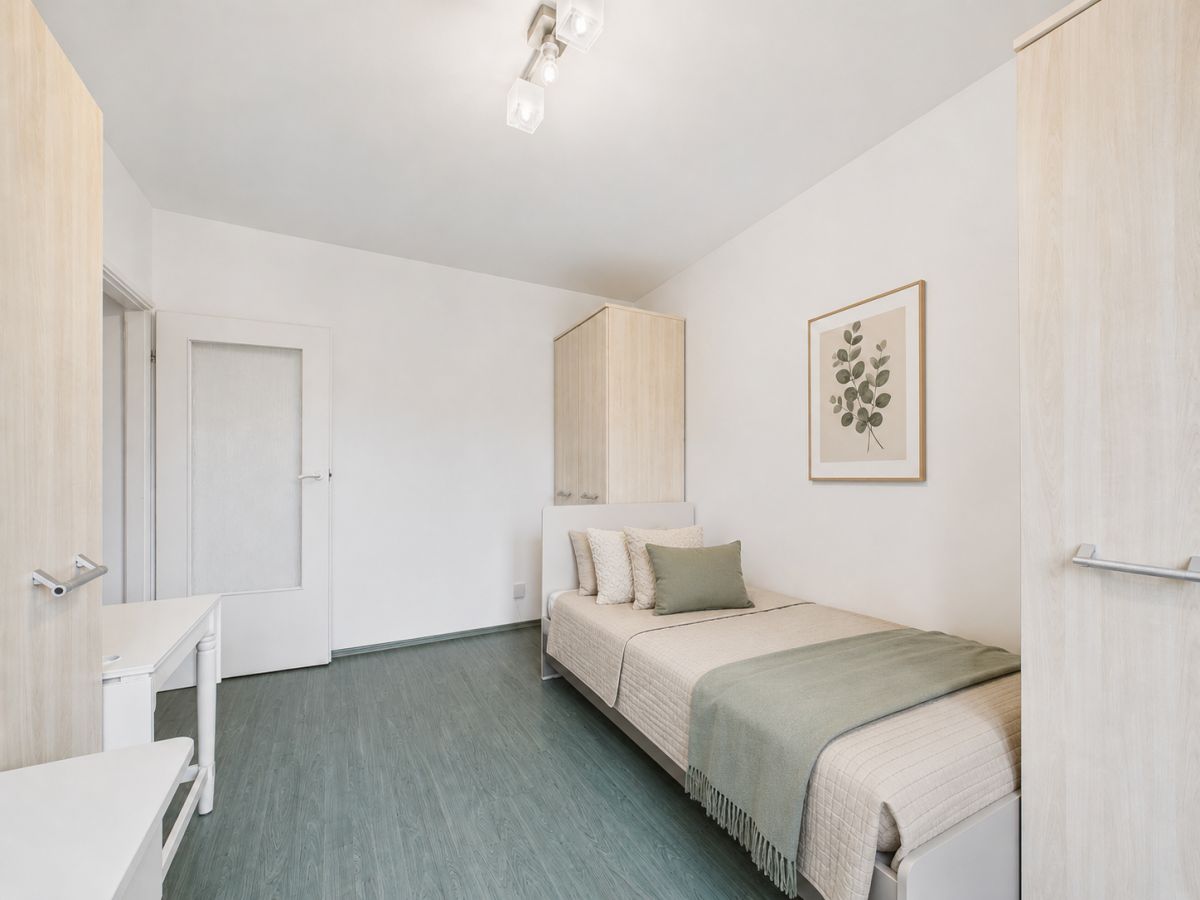 Bright minimalist single bedroom with pale wood furniture, a single bed with beige bedding and green throw, and a framed plant print on the wall.