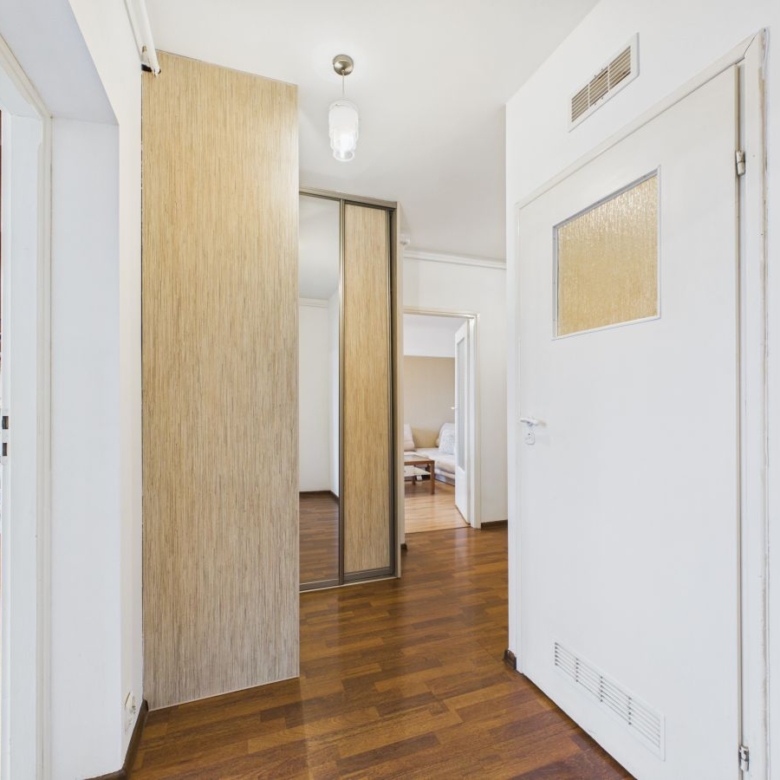Bright hallway with wood flooring, a built-in wooden closet with mirrored sliding doors on the left, and a white door with a frosted window on the right; living room visible at the end.