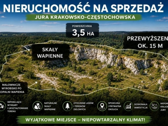 Aerial view of a rocky cliff area outlined for sale, with Polish labels highlighting rock formations and a 3.5 ha plot size.