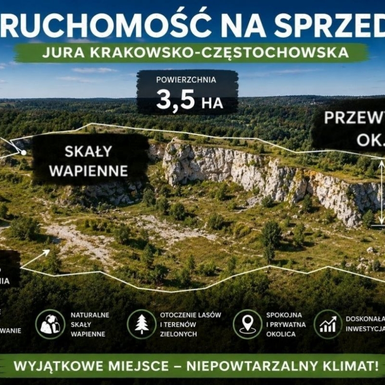Aerial view of a rocky cliff area outlined for sale, with Polish labels highlighting rock formations and a 3.5 ha plot size.