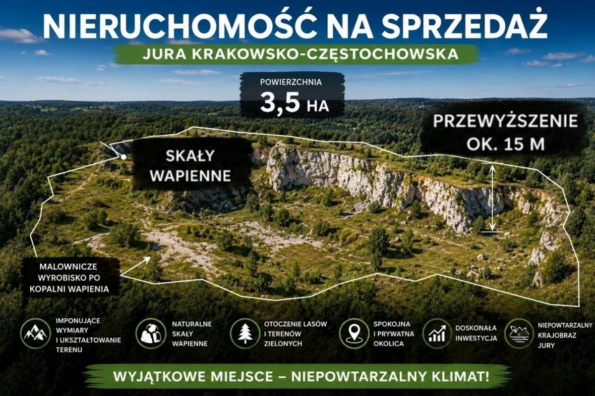 Aerial view of a rocky cliff area outlined for sale, with Polish labels highlighting rock formations and a 3.5 ha plot size.