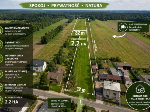 Aerial view of a rectangular land plot for sale, 2.2 ha, with 12 m frontage, about 660 m depth, and 32 m rear width.