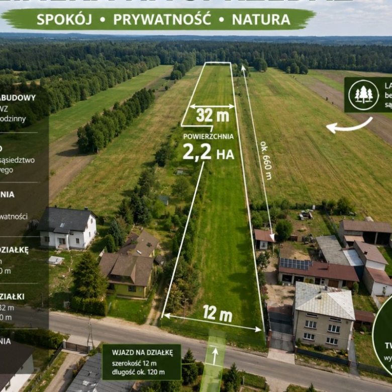 Aerial view of a rectangular land plot for sale, 2.2 ha, with 12 m frontage, about 660 m depth, and 32 m rear width.