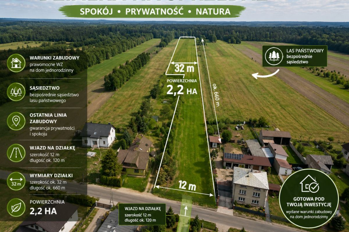 Aerial view of a rectangular land plot for sale, 2.2 ha, with 12 m frontage, about 660 m depth, and 32 m rear width.