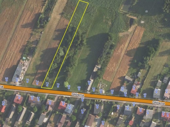 Aerial view of a long narrow plot outlined in yellow along Główna street, between trees and houses.