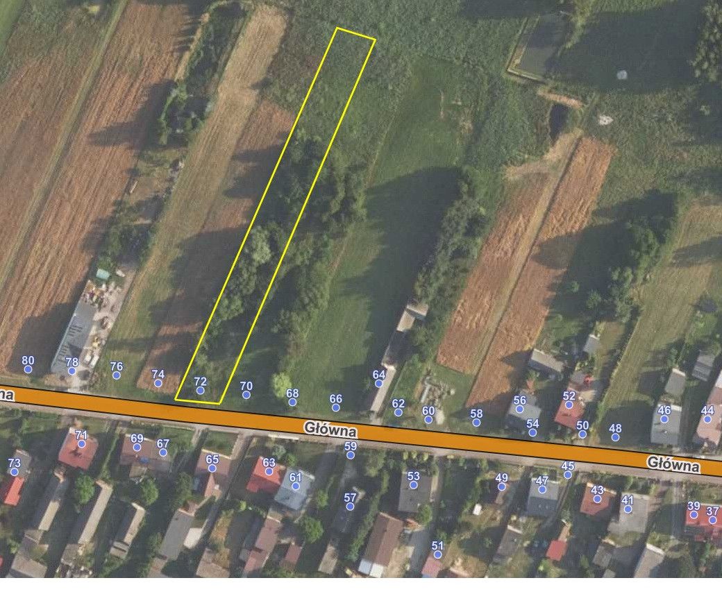 Aerial view of a long narrow plot outlined in yellow along Główna street, between trees and houses.
