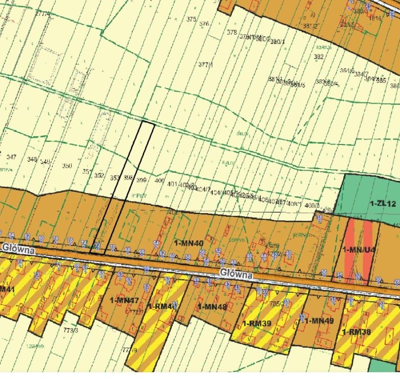 Parcel map along Glowna Street with numbered plots and color-coded zones (orange, teal, yellow); a black-outlined lot sits near the center.