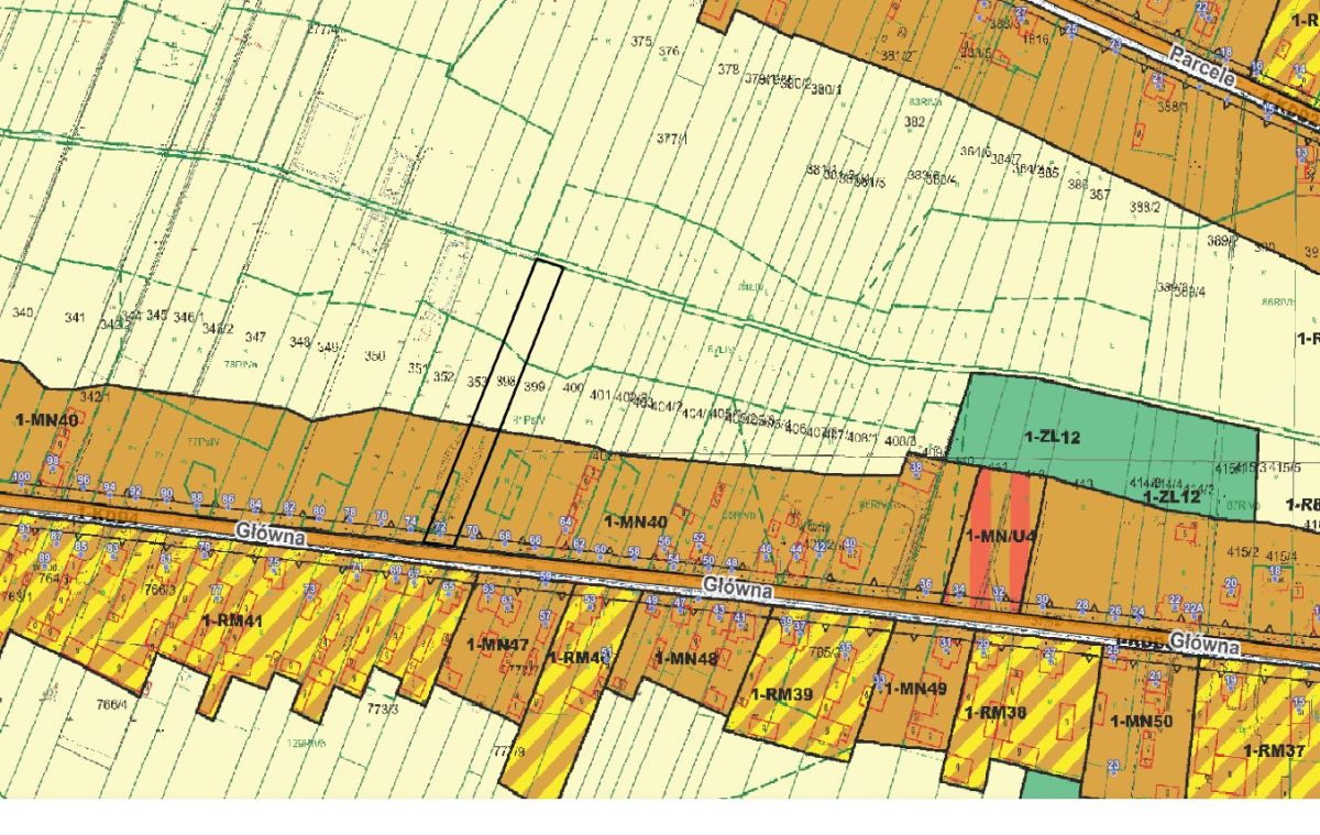 Parcel map along Glowna Street with numbered plots and color-coded zones (orange, teal, yellow); a black-outlined lot sits near the center.