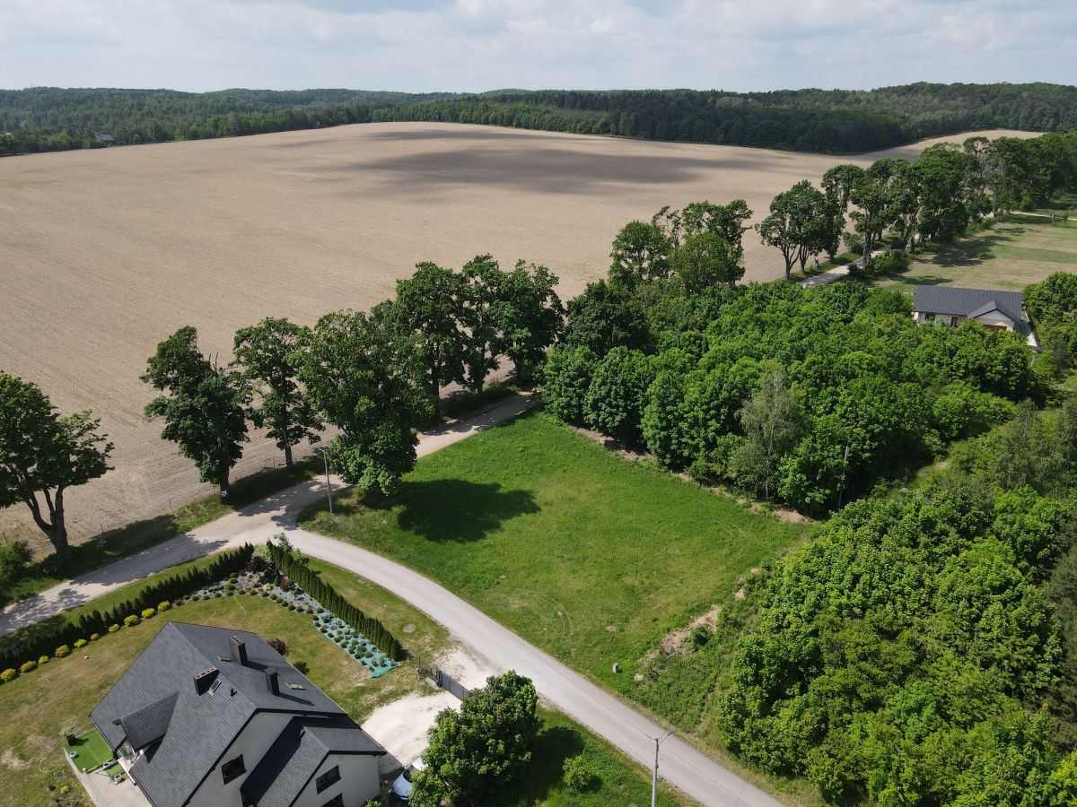 Aerial view of a rural landscape showing a large plowed field bordered by a line of trees, with a house and garden at the bottom left and a curved road nearby.