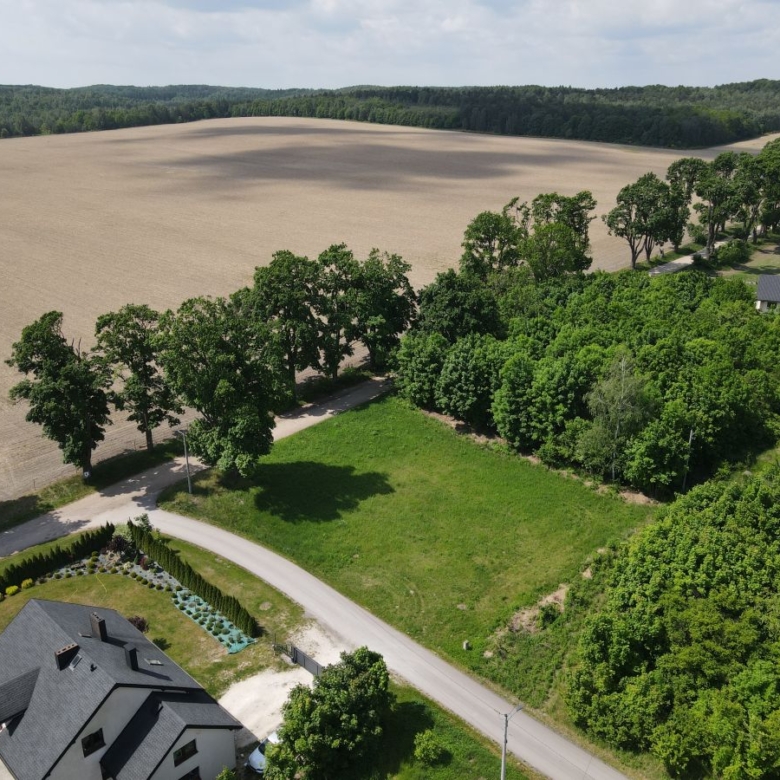 Aerial view of a rural landscape: a large harvested field bordered by a tree line and a curved road near a house.