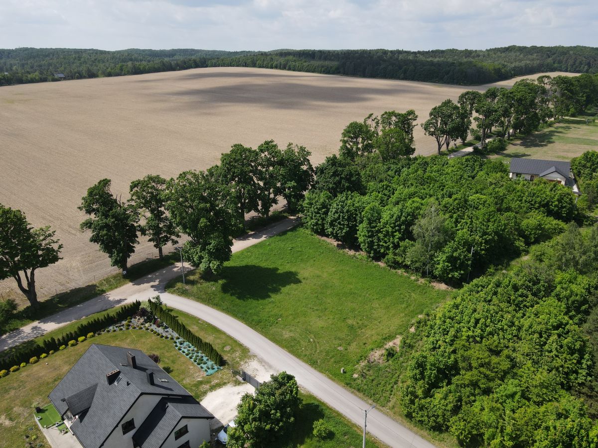 Aerial view of a rural landscape: a large harvested field bordered by a tree line and a curved road near a house.
