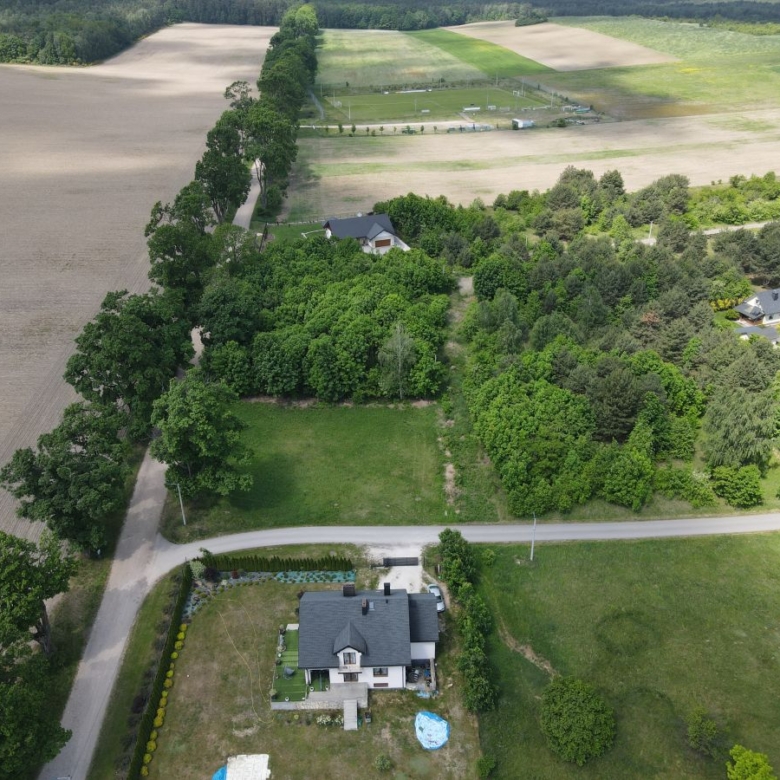 Aerial view of a rural property with houses tucked among dense trees and surrounding fields, a road running through the scene.
